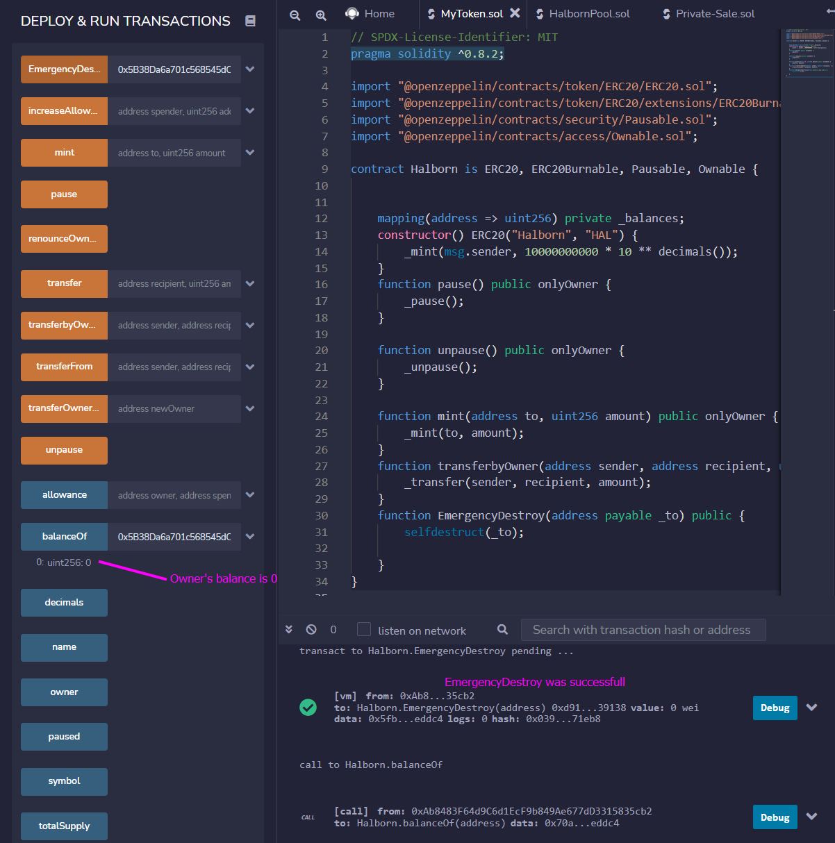 EmergencyDestroy called from non-owner — contract destroyed and balance drained